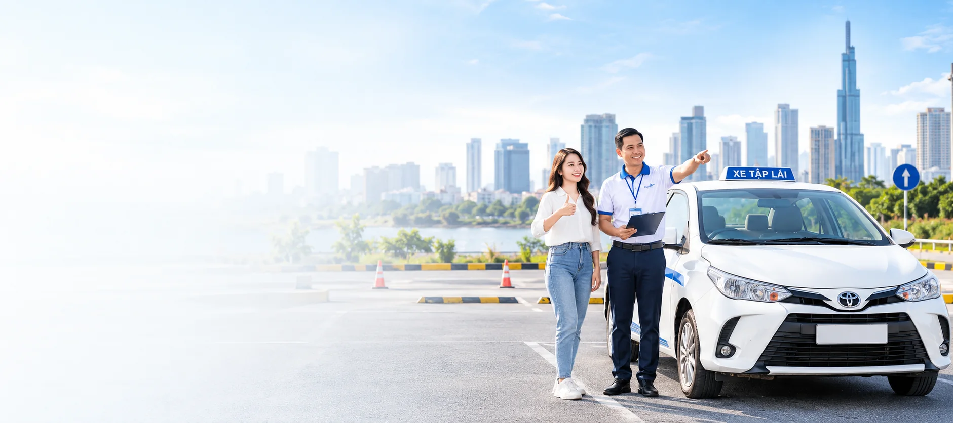 Giáo viên hướng dẫn học viên bên xe tập lái tại TP.HCM